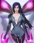  black_hair breasts cleavage closed_mouth cowboy_shot dual_wielding facial_mark gloves highres holding kai'sa large_breasts league_of_legends lips long_hair looking_at_viewer mcdobo purple_eyes solo standing sword weapon 