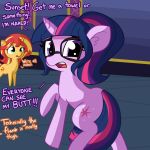  ! 2018 butt cutie_mark dialogue duo embarrassed english_text equestria_girls equine eyelashes eyewear female feral fur glasses hair hi_res horn inner_ear_fluff inside looking_back mammal multicolored_hair my_little_pony nude open_mouth ponytail purple_eyes standing sunset_shimmer_(eg) teal_eyes teeth text tjpones tongue twilight_sparkle_(eg) two_tone_hair unicorn 
