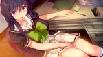  arm_rest bangs between_legs black_hair blush book bow bowtie braid breasts cellphone chair charger collarbone desk embarrassed eyebrows_visible_through_hair french_braid game_cg green_bow green_neckwear hair_between_eyes hand_between_legs highres hinasaki_you hitotsu_yane_no_tsubasa_no_shita_de jinno_nahoko large_breasts long_hair looking_at_viewer non-web_source nose_blush official_art open_mouth pen phone pleated_skirt purple_eyes school_uniform shiny shiny_skin short_sleeves sitting skirt smartphone solo 