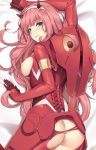  aqua_eyes ass bodysuit breasts dakimakura darling_in_the_franxx eyebrows_visible_through_hair hairband large_breasts long_hair looking_at_viewer looking_back lying nipples on_stomach pilot_suit pink_hair smile solo tony_guisado torn_bodysuit torn_clothes very_long_hair zero_two_(darling_in_the_franxx) 