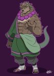  2018 abs anthro clothing digital_media_(artwork) fur horn kurumiken male mammal muscular pecs purple_background simple_background solo 