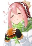  ahoge beanie closed_eyes commentary_request eating fingerless_gloves food gloves hamburger hat jacket kagamihara_nadeshiko long_hair lourie pink_hair scarf sidelocks simple_background solo wavy_mouth white_background winter_clothes yurucamp 