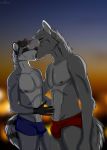  2018 absurd_res anthro black_fur black_nose blurred_background brown_hair bulge canine cinta clothed clothing duo eyes_closed fur gloves_(marking) grey_fur grey_hair hair hi_res kissing male male/male mammal markings multicolored_fur nipples procyonid raccoon romantic_couple standing topless two_tone_fur underwear wolf 