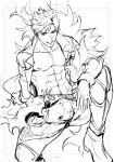  abs belial_(granblue_fantasy) black_hair boots bulge erection erection_under_clothes feather_boa granblue_fantasy greyscale haiki_(tegusu) looking_at_viewer male_focus monochrome nipples open_clothes open_mouth open_shirt simple_background sitting sketch solo toned toned_male white_background 