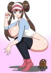  0_0 1girl blue_eyes blush bottomless breasts breasts_outside brown_hair diglett double_bun erect_nipples full_body hair_bun highres imminent_rape large_breasts low_twintails mei_(pokemon) nipples no_panties pokemon pokemon_bw2 shirt shocked_eyes smile sweatdrop thighhighs twintails visor_cap wide-eyed 