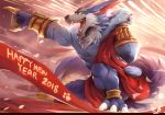  2018 big_ears blue_fur canine claws clothing fangs fluffy fluffy_tail fur green_eyes hood league_of_legends mammal rabbity riot_games simple_background teeth video_games warwick white_fur year_of_the_dog 