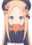  abigail_williams_(fate/grand_order) absurdres bangs black_bow black_dress black_hat blonde_hair blue_eyes blush bow commentary_request covered_mouth dress fate/grand_order fate_(series) forehead hair_bow hank_(spider921) hat highres holding holding_stuffed_animal long_hair long_sleeves looking_at_viewer orange_bow parted_bangs polka_dot polka_dot_bow simple_background sleeves_past_fingers sleeves_past_wrists solo stuffed_animal stuffed_toy teddy_bear very_long_hair white_background 