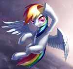  2018 blue_feathers cutie_mark earth equine eyelashes feathered_wings feathers female feral floating friendship_is_magic full-length_portrait grin hair hi_res hooves japanese_text looking_at_viewer mammal multicolored_hair murskme my_little_pony nude pegasus portrait purple_eyes rainbow_dash_(mlp) rainbow_hair signature smile solo space star sunlight teeth text wings 