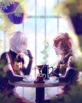  armor brown_hair closed_eyes coffee fingerless_gloves gloves granblue_fantasy hanging_plant highres lucifer_(shingeki_no_bahamut) male_focus multiple_boys myusha sandalphon_(granblue_fantasy) short_hair smile table white_hair 