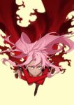  cape chloe_von_einzbern crossed_arms dark_skin dual_wielding fate/kaleid_liner_prisma_illya fate_(series) hair_between_eyes holding holding_sword holding_weapon kanshou_&amp;_bakuya kyo-ani_love long_hair looking_at_viewer pink_hair ponytail running solo sword weapon yellow_background yellow_eyes 