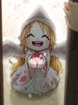  :d ^_^ angel_wings blonde_hair bow bowtie chamaji cherry_blossom_print cherry_blossoms closed_eyes commentary_request door dress eyebrows_visible_through_hair hat highres lily_white long_hair long_sleeves open_door open_mouth outstretched_hand pointy_ears round_teeth shoes smile solo_focus teeth touhou very_long_hair wide_sleeves wings 