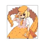  blonde_hair blush border cuffs deerstalker eyebrows_visible_through_hair giant_pangolin_(kemono_friends) hand_on_headwear hat kemono_friends litamisu necktie pangolin_ears pangolin_tail scales short_hair short_sleeves skirt solo vest white_background 