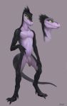  2018 4_toes 5_fingers anthro balls big_claws biped black_hair black_scales black_tail claws countershading dewclaw digital_media_(artwork) digitigrade dinosaur flaccid front_view green_eyes grey_background hair hand_on_leg hi_res humanoid_penis klongi looking_at_viewer male model_sheet multicolored_scales nude penis purple_balls purple_countershading purple_penis purple_scales raptor scales scalie short_hair simple_background solo standing theropod toe_claws toes two_tone_scales uncut 