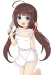  :d absurdres ahoge apron bangs bare_arms bare_shoulders blue_eyes blush breasts brown_hair collarbone commentary_request eyebrows_visible_through_hair hank_(spider921) highres hinatsuru_ai holding holding_knife knife long_hair looking_at_viewer low_twintails naked_apron open_mouth ryuuou_no_oshigoto! sidelocks simple_background small_breasts smile solo standing standing_on_one_leg twintails very_long_hair white_background 