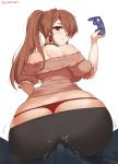  artist_name ass assertive bare_shoulders black_pants blush breasts brown_eyes brown_hair buttjob character_request controller copyright_request curvy earrings erection erection_under_clothes from_behind gamecube_controller hair_over_one_eye highres holding jewelry large_breasts light_smile long_hair looking_at_viewer looking_back midriff mole mole_under_mouth off-shoulder_shirt panties pants pants_pull pink_shirt ponytail pov puffy_short_sleeves puffy_sleeves red_panties sendrawz shirt short_sleeves skindentation solo_focus string_panties thong underwear whale_tail yoga_pants 