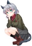  absurdres animal_ears bad_id bad_pixiv_id black_legwear boots cat_ears cat_tail commentary_request eyebrows_visible_through_hair green_eyes hand_on_own_cheek highres lucha_tongxie military military_uniform plaid plaid_skirt red_shirt sanya_v_litvyak shirt short_hair silver_hair skirt smile solo squatting strike_witches tail uniform world_witches_series 