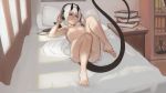  barefoot bed black_ribbon book book_stack breasts closed_eyes closed_mouth convenient_leg demon_horns demon_tail feet hair_ribbon headphones highres horns indoors lying nipples nude on_back on_bed original paintrfiend pillow ribbon shelf small_breasts smile soles solo tail white_hair 