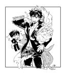  belial_(granblue_fantasy) belt black_border border chibi chibi_inset feather_boa granblue_fantasy greyscale hand_on_hip heart index_finger_raised licking_lips male_focus midriff miyakami monochrome popped_collar solo tongue tongue_out 