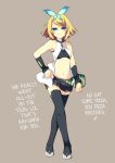  1girl amanooni_touri bad_id blonde_hair blue_eyes butterfly female full_body hard_translated kagamine_rin kokoro_(vocaloid) midriff navel short_hair shorts simple_background smile solo thighhighs translated vocaloid 