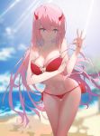  absurdres aqua_eyes arm_under_breasts beach bikini blue_sky breast_hold breasts cleavage darling_in_the_franxx day hair_between_eyes half-closed_eyes highres horns leaning_forward long_hair looking_at_viewer medium_breasts navel ocean open_mouth outdoors pink_hair red_bikini side-tie_bikini sky smile solo sunlight swimsuit thigh_gap untied untied_bikini very_long_hair zero_two_(darling_in_the_franxx) zipplin 