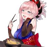  :d blue_eyes blue_kimono blush bow breath chopsticks commentary_request detached_sleeves ecstasy eyebrows_visible_through_hair fate/grand_order fate_(series) food foodgasm hand_on_own_cheek hand_on_own_face highres holding holding_chopsticks japanese_clothes kimono miyamoto_musashi_(fate/grand_order) noinoise obi open_mouth pink_hair red_bow saliva sash shrimp shrimp_tempura simple_background smile solo sweatdrop tempura udon white_background 