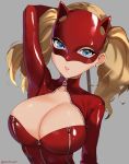  arm_behind_head artist_name blonde_hair blue_eyes bodysuit breasts cat_mask cleavage earrings eyelashes highres jewelry large_breasts looking_at_viewer parted_lips persona persona_5 pink_lips red_bodysuit sendrawz solo stud_earrings takamaki_anne twintails upper_body whip zipper 