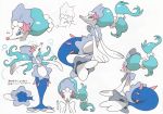  2016 3_fingers absurd_res arm_support blue_body blue_eyes blue_hair bubble eyes_closed fangs female frown hair hi_res japanese_text long_hair mammal marine model_sheet nintendo official_art open_mouth pink_nose pink_tongue pinniped pok&eacute;mon pok&eacute;mon_(species) ponytail primarina pseudo_clothing simple_background smile snout solo spikes star text tongue translation_request video_games white_background white_skin 