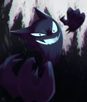  black_background black_eyes commentary dated fangs full_body gen_1_pokemon ghost grey_background grin haunter looking_at_viewer no_humans open_mouth pokemon pokemon_(creature) rock-bomber signature smile solo v-shaped_eyebrows 