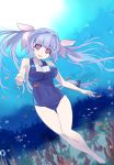  ajino_(sakanahen) blue_hair blue_swimsuit breasts coral freediving full_body hair_ribbon highres i-19_(kantai_collection) kantai_collection large_breasts long_hair looking_at_viewer name_tag one-piece_swimsuit red_eyes ribbon school_swimsuit solo swimsuit thigh_gap tri_tails underwater undressing 