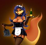  2018 armwear astraldog big_breasts breasts canine carmelita_fox cleavage clothed clothing collar dipstick_ears dress ear_piercing elbow_gloves female fox fur gloves gradient_background hair legwear looking_at_viewer maid_headdress maid_uniform mammal orange_fur piercing simple_background sly_cooper_(series) solo stockings thigh_highs uniform video_games 