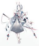  androgynous barefoot full_body hairband jewelry katana male_focus necklace oni_horns onmyoji pale_skin ramune. red_eyes short_hair silver_hair snow_bunny snowflake_print snowflakes solo standing sword weapon yuki_douji_(onmyoji) 