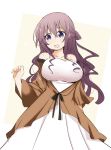  bare_shoulders blue_eyes breasts commentary_request dress highres kyouzuka_shion large_breasts long_hair long_sleeves open_mouth purple_eyes purple_hair shirogane_(platinum) slow_start solo wide_sleeves 