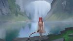  barefoot breasts breasts_apart closed_mouth collarbone day dragon_girl dragon_horns dragon_tail grass highres holding horns long_hair looking_at_viewer medium_breasts nature navel nipples nude original outdoors paintrfiend pointy_ears pond pussy red_eyes red_hair reflection rock solo tail towel tree water wet 