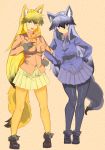  absurdres animal_ears black_gloves black_legwear blonde_hair blue_jacket bow bowtie boy_(pixiv17542438) breasts chinese_commentary commentary_request ezo_red_fox_(kemono_friends) fang fox_ears fox_tail fur-trimmed_boots fur-trimmed_sleeves fur_trim gloves grey_eyes grey_hair hair_between_eyes hands_on_hips highres jacket kemono_friends large_breasts long_hair looking_at_viewer multicolored_hair multiple_girls open_mouth orange_jacket orange_legwear pantyhose silver_fox_(kemono_friends) smile tail yellow_eyes 