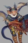  bandana biting claws cowboy_shot dragon fangs fur_trim gaiters green_eyes grin horns looking_at_viewer monster_boy original pants pointy_ears poncho scales scarecrow short_hair short_sleeves slit_pupils smile standing tail white_hair wings yellow_eyes yuzu_shio 