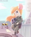  2016 armor blonde_hair blue_eyes chip_&#039;n_dale_rescue_rangers clothed clothing colored_sketch disney female gadget_hackwrench hair helmet hi_res holding_object kurokuma824 long_hair looking_at_viewer mammal mouse outside pilot_uniform pink_nose rodent smile solo uniform walkie_talkie 