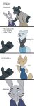  2018 anthro arctic_fox blue_eyes canine clothed clothing comic crossed_arms cynthia_walker dialogue disney dog ear_markings english_text facial_markings fan_character female fox fur_markings gregory_kohle jack_savage jewelry lagomorph male mammal markings necklace overalls rabbit signature simple_background skye_(zootopia) suspenders text tggeko waving white_background yellow_eyes zootopia 