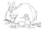  anthro aokmaidu barefoot belly big_belly bottomless clenched_teeth clothed clothing featureless_crotch food fur hand_on_stomach holding_food holding_object hyper hyper_belly lagomorph male mammal monochrome moobs morbidly_obese obese obese_male open_shirt overweight overweight_male pawpads rabbit reclining scowl slob solo teeth text wrapper 