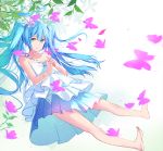  alternate_costume bangs bare_arms bare_legs bare_shoulders barefoot blue_dress bug butterfly collarbone dress eyebrows_visible_through_hair flower full_body gradient gradient_background green_background hair_flower hair_ornament hatsune_miku insect layered_dress lead long_hair looking_at_viewer muko_(kokia38) own_hands_together parted_lips smile solo strapless strapless_dress twintails vocaloid 