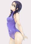  arms_behind_back bracelet braid casual_one-piece_swimsuit commentary_request covered_navel cowboy_shot darling_in_the_franxx freckles glasses green_eyes grey_background hair_over_shoulder highres ikuno_(darling_in_the_franxx) jewelry long_hair nagayori one-piece_swimsuit purple_hair purple_swimsuit simple_background solo swimsuit turtleneck twin_braids 