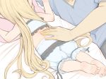  1girl barefoot bed_sheet blonde_hair bloomers charlotta_fenia curly_hair feet gran_(granblue_fantasy) granblue_fantasy hand_on_another's_back harvin long_hair lying on_stomach out_of_frame pillow soles solo_focus underwear very_long_hair walkalone 