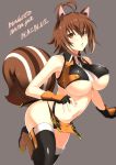  absurdres animal_ears bangs bare_shoulders black_legwear black_panties blazblue boots breasts brown_eyes brown_hair character_name cropped_jacket eyebrows_visible_through_hair fingerless_gloves gloves grey_background highleg highleg_panties highres jijii48 large_breasts leg_up looking_at_viewer makoto_nanaya microskirt midriff multicolored_hair navel open_mouth panties short_hair simple_background skirt sleeveless solo squirrel_ears squirrel_girl squirrel_tail tail thighs underboob underwear white_hair 