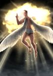 angel_wings back bare_legs barefoot billy_herrington bloom briefs brown_hair cloud commentary flying full_body gachimuchi hand_up heaven highres light light_particles light_rays looking_at_viewer looking_back male_focus male_underwear muscle one_eye_closed otosama real_life shirtless sky smile solo underwear underwear_only white_briefs wings 