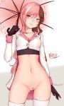  bar_censor black_gloves bluefield bottomless breasts brown_hair censored character_name cleavage cleft_of_venus collarbone gloves grin groin highres jacket linea_alba long_hair looking_at_viewer medium_breasts navel neo_(rwby) pink_eyes pink_hair pink_umbrella pussy rwby smile solo thighhighs umbrella very_long_hair white_legwear 
