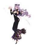 alternate_costume black_footwear breasts camilla_(fire_emblem_if) cleavage closed_mouth dress fajyobore323 fire_emblem fire_emblem_if flower full_body hair_over_one_eye high_heels holding holding_flower horns large_breasts leg_up lips long_hair long_sleeves looking_at_viewer petals purple_eyes purple_hair ribbon simple_background smile solo standing standing_on_one_leg tiara very_long_hair wavy_hair white_background 