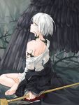  absurdres alternate_form bare_shoulders barefoot black_wings cloak_removed ellias_ainsworth grey_eyes highres mahou_tsukai_no_yome male_focus monko_(liangliang) outdoors sideways_glance sitting solo staff thorns wariza wings 