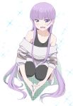  :d black_pants black_shirt blush collarbone eyebrows_visible_through_hair grey_sweater highres long_hair looking_at_viewer new_game! open_mouth pants pink_x purple_eyes purple_hair shirt simple_background sleeveless sleeveless_shirt smile solo squatting suzukaze_aoba sweater very_long_hair white_background white_footwear 