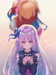  aikatsu! aikatsu!_(series) bangs black_dress blue_ribbon blurry blurry_background blush brown_hair closed_mouth depth_of_field dress eyebrows_visible_through_hair hair_between_eyes hair_ornament hair_ribbon hair_scrunchie hands_up highres hikami_sumire long_hair long_sleeves looking_at_viewer makiaato multiple_girls oozora_akari own_hands_together pink_scrunchie purple_eyes purple_hair ribbon scrunchie side_ponytail solo_focus very_long_hair 