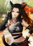  animal_ears bandeau bare_shoulders black_hair blue_eyes blurry blurry_background cat_ears cat_tail choker commission earrings elbow_gloves final_fantasy final_fantasy_xiv fingerless_gloves gloves jewelry leirix_(leirixart) lips long_hair midriff miqo'te mismatched_gloves monk_(final_fantasy) navel necklace one_eye_closed parted_lips ponytail signature single_elbow_glove smile solo tail tattoo upper_body watermark web_address 