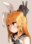  &gt;_&lt; :3 anchor_hair_ornament bare_shoulders black_neckwear blonde_hair blue_sailor_collar blush closed_mouth commentary eyebrows_visible_through_hair hair_between_eyes hair_ornament hairband ina_(1813576) kantai_collection long_hair looking_to_the_side neckerchief rensouhou-chan sailor_collar shimakaze_(kantai_collection) shirt simple_background sleeveless sleeveless_shirt smile turret upper_body weapon white_hairband x3 